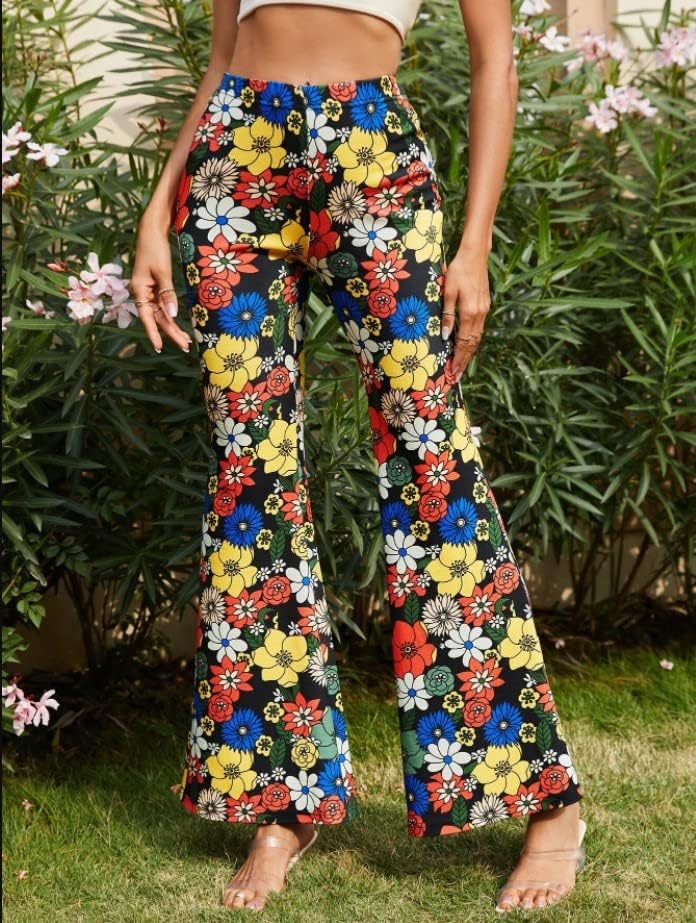 Kuqbmrs ženski cvijet tiska visokog struka elastične joge hlače bell široke noge hlače atletski pantalone