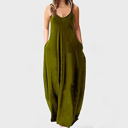 Plus Size Casual Maxi haljina za žene V izrez bez rukava haljina na plaži sa džepovima prevelika čvrsta duga haljina