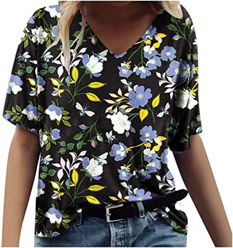 Cvjetni tiskovi za žene kratki rukav V izrez T majice Ljetna casual labava majica Trendy Vintage grafički majica bluza