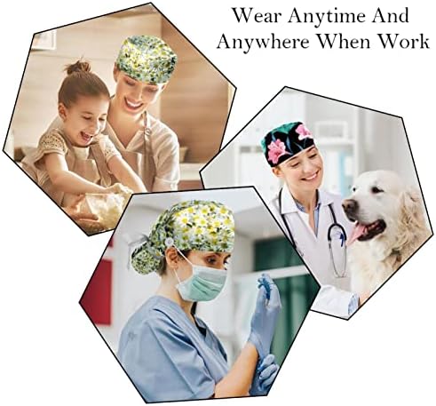 Pileća cvjetna radna kapa s gumbom i duksevima, 2 paketa Hirurška hirurgija HATS držač Ponytail, više boja