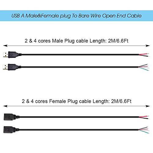 Ksopuert 2pcs USB Ženski utikač do gole žice Otvoreni kraj kabel 6,6ft 200cm 5V 2.1A 2 i 4 jezgra Power i prijenos podataka Pigtail