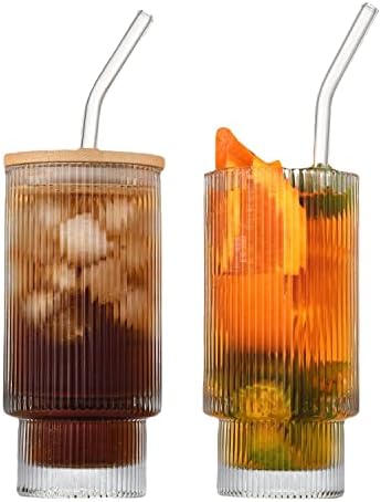 Set od 4 čaše za piće sa bambusovim poklopcima i staklenim slamkama - 11oz čaša u obliku tegle, šolja za pivo, šolja za ledenu kafu,