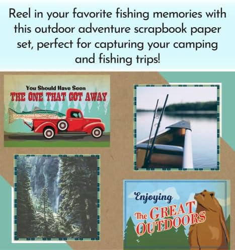 Fishing Scrapbook Paper 12x12 inčni - Vanjski bilježnički papir sa ribolovnim stupom, ribama, vanjskom avanturističkom temom | Kamp