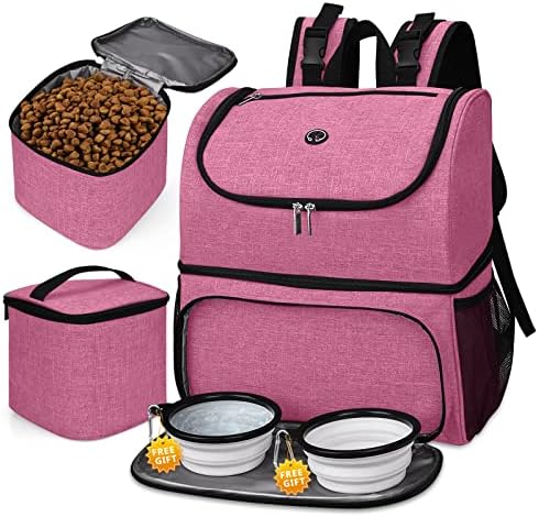 Torba za kućne ljubimce, dvostruki sloj pribor za kućne ljubimce, ruksak za kućne ljubimce sa 2 silikonske koprive i 2 košare hrane ružičaste