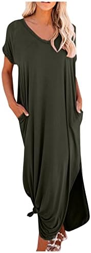 Fragarn Ljetna haljina, ženska casual solidna boja V-izrez s kratkim rukavima s kratkim rukavima, veliku ljusku dugu haljinu