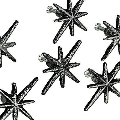 Zeckos set od 6 antikne srebrne završne livene željeza u sredini stoljeća Moderna ladica Starburst povlači ručice ormara MCM Décor