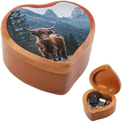 Highland goveda u talijanskim dolomitima drvena muzička kutija Oblik srca Windup Music Box Vintage Drveni sat Glazbe
