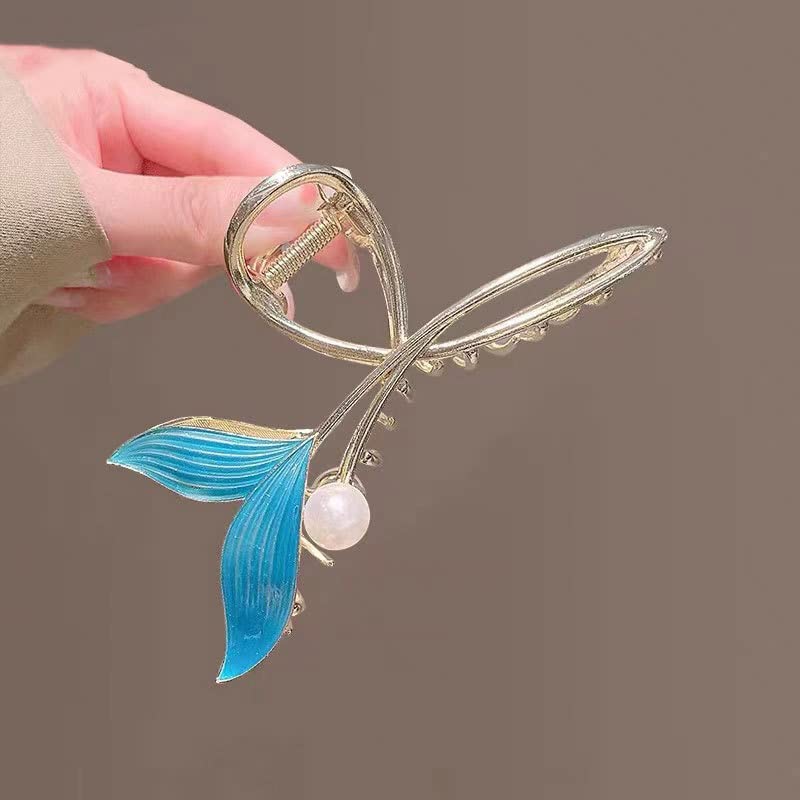 Pearl Fish Reil Shape Friw Claw Blue Hollow Ponytail Repni Clip Vintage Shark Clip Žena Klip za kosu Pribor za kosu 0019B-12cm