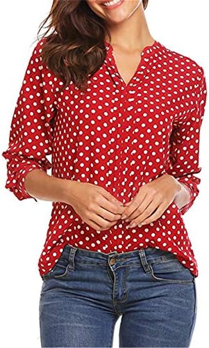Andongnywell ženska casual dot roll dugih rukava s dugim rukavima cvjetni print V izrez za bluze košulje Tunic