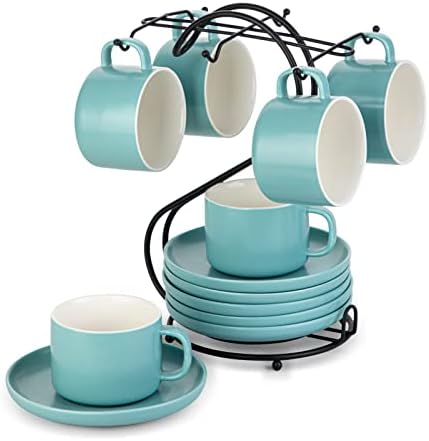 Porculanske šalice za kafu sa Tanjurićima & metalni stalak, Henten kućne šalice za kafu Set za Cappuccino, Latte, Expresso, Americano, čaj
