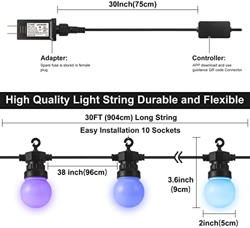 Omgomne 40ft pametna Vanjska žičana svjetla-prilagodite svjetla za terasu u boji sa 10 LED sijalica sa mogućnošću zatamnjivanja RGB