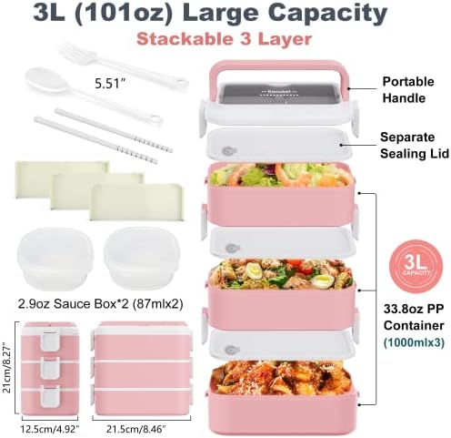 Kenuket Bento kutija za ručak, posuda za ručak za odrasle sa 3l velikog kapaciteta, 3-slojna kutija za ručak bezbedna za mikrotalasnu pećnicu, nepropusna posuda za hranu sa pregradom i kutijom za sos za decu i odrasle, Pink