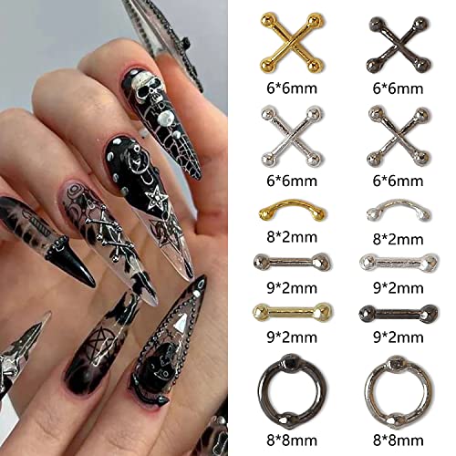 SILPECWEE 36kom Punk čari za nokte 3D Retro zlato Srebrna Legura nakit za nokte Cross Nail Charm viseći prstenovi Privjesci za nokte Salon Gothic Metal Nail Art dekoracije nokti dodatna oprema