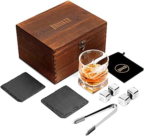 Poklon Set od stakla za viski sa drvenom kutijom, kamenjem od viskija i podmetačima od škriljevca. Burbon & amp; Scotch pokloni za