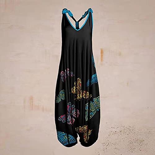 Ženski Casual labavi kombinezon V-izrez odijelo za igru bez rukava Vintage print kombinezoni bez leđa široka ljetna odjeća za plažu