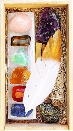 Mineralist kolekcija Crystal Bealing Stones, drvena kutija za prikaz, 7 čakra set sa kaduljskim smužljivim kompletom, ručno rađeni