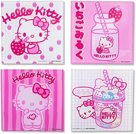 Silver Buffalo Sanrio Hello Kitty Strawberry Milk stakleni podmetači za piće, Set od 4 / Zaštita stola za kućnu kuhinju, trpezarijski sto, Pink
