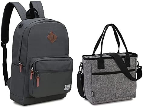 Ranac za Laptop RAVUO i torba za ručak, vodootporni sivi školski ruksak i torba za ručak