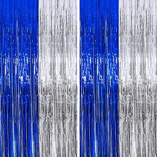 4 pakovanja 3.3 ft x 8.2 ft dekoracije za diplomske zabave Plava Srebrna šljokica folija rubne zavjese za kućnu maturu na otvorenom