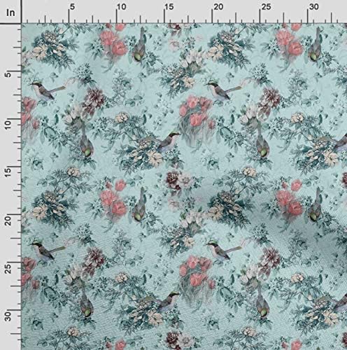 Soimoi Baby Blue Cotton Jersey Fabric Floral & amp; Kingfisher Bird Print Fabric by Yard 58 inch Wide
