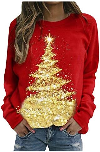 Sretne božićne majice za žene dugim rukavima dugim rukavima Xmas grafički tees tunički vrhovi za tajice casual crew majice izrez