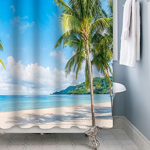 Asdcxz Beach Ocean Tuš za tuširanje, tropske palme plavo nebo sunčano pješčano more morska prizor Dekor kupaonice Vodootporan sa kukama