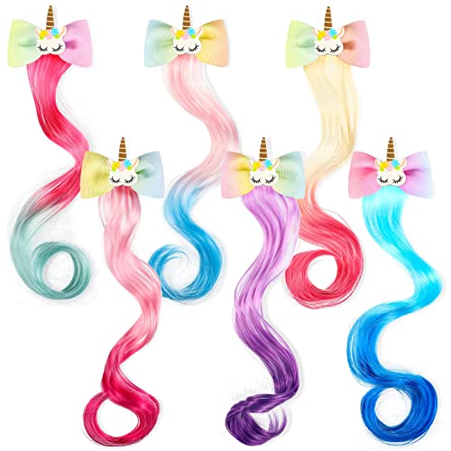 WILLBOND 6 boja jednorog perika kopče za kosu mašne za djevojčice kosa pletena ekstenzija u boji mašne za kosu pletena kovrčava perika produžetak za kosu za djecu princeza kostim obući se dodatak za kosu