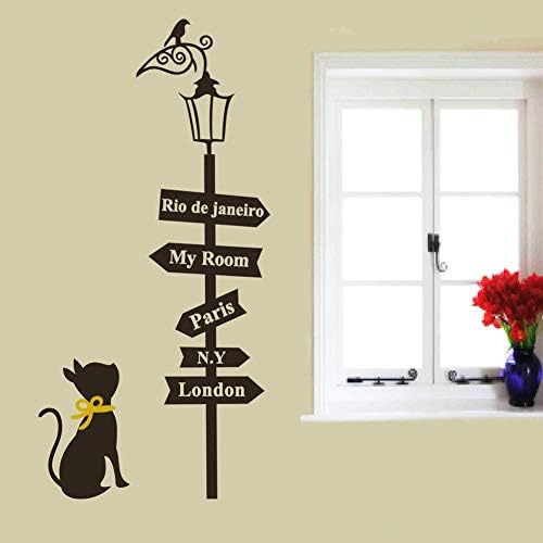 SWORNA životinjska serija mačka gleda u uličnu lampu uklonjive vinilne zidne umjetničke naljepnice, 33 X 19 inča, crna & amp; žuta