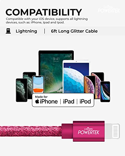Liquipel Powertek Glitter MFI certificirani punjač Kompatibilan je za Apple iPhone, iPad, 6ft kabel, munje do USB kabela kabela, brz