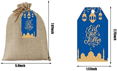 eyigylyo 10 komada Eid Mubarak Burlap poklon torbe, Ramazan Drawstring Jute torba sa 50 kom Ramazan Mubarak oznake za muslimanski