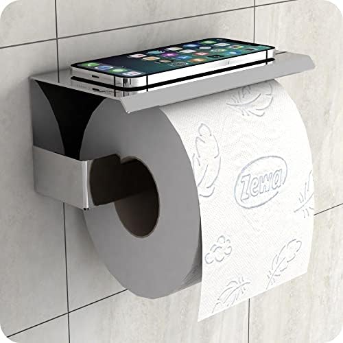 Metalcromo toaletni držač za papir Elg sa policom, držač za ljepilo na zidu za kupaonicu, držač za roll tkiva sa polica za pohranu telefona, nehrđajući čelik, nema potrebe za bušenjem zida