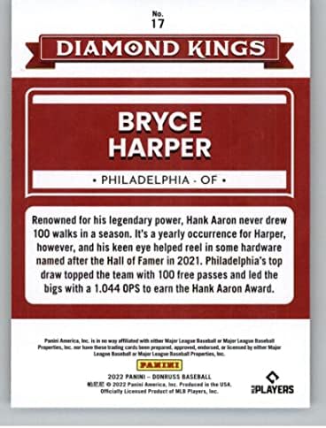 2022 Donruss # 17 Bryce Harper Philadelphia Phillies Diamond Kings Službena MLB pa bejzbol kartica u sirovom stanju