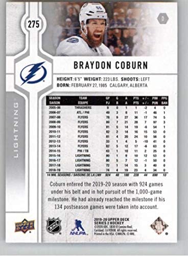 2019-20 Gornja paluba # 275 Braydon Coburn Tampa Bay Lightning serija 2 NHL hokejaška kartica