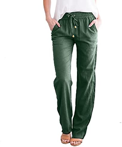 Ženske pamučne platnene pantalone visokog struka jednobojne elastične čekane pantalone udobne ravne nogavice ženski kapris za ljeto