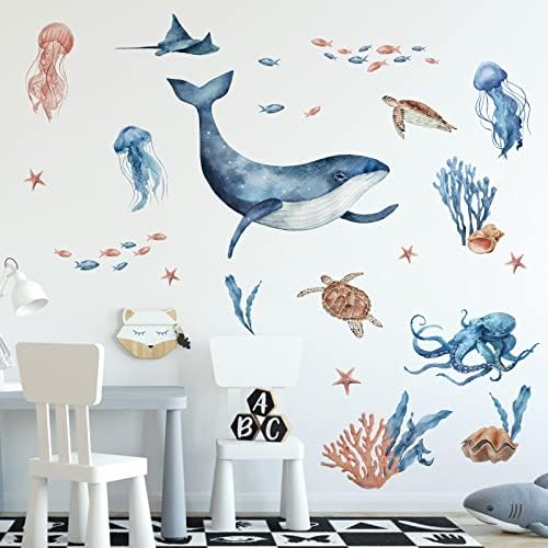 Yovrky plavi kitovi naljepnice naljepnice, ispod morske ribe kornjača kornjača lignja, rasadnici, akvarel okeanski zvjezdani zvjezdani