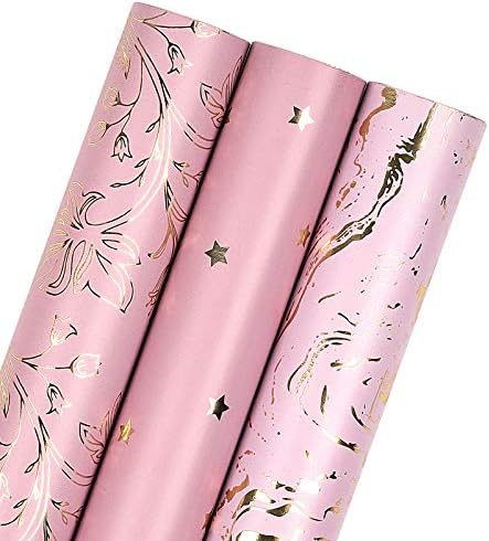 Wrapaholic rolna papira za umotavanje - roze mermer / cvetni / zvezdasti Set, savršen za rođendan, praznik, Majčin dan, venčanje,