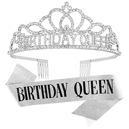 Aoprie Birthday Crown for Women Birthday Queen Sash for Women Birthday Tiara for Women Birthday Girl Headband princeza Crown Rhinestone