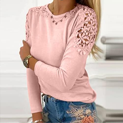 Vrhovi za žene čipke šuplje rame Dugi rukavi majica O-izrez Casual mamine majice Slim Tees košulja bluza pulover