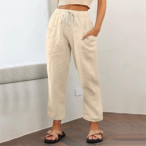 Ženske pamučne posteljine hlače visoke strukske vučne kaznene pantalone sa džepovima sa džepovima Ljeto Stretch Capris za žene