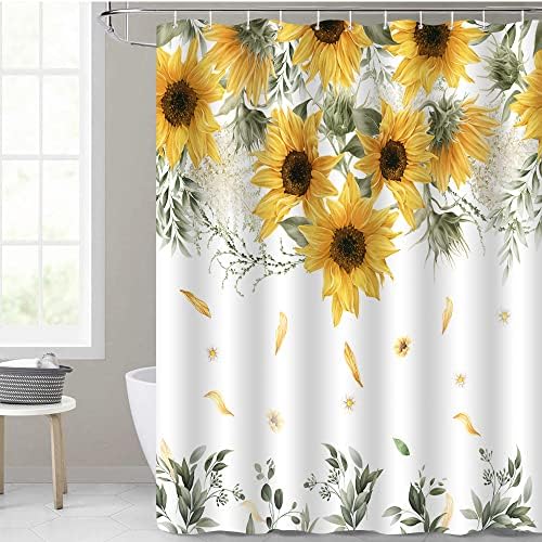 Dephoto cvjetne tušske zavjese za kupaonicu votlor suncokret žuti cvijet zeleno lišće poliesterski tkanini kuka sa kukama 72x72 inč