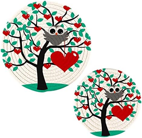 Alaza Heart Tree Owl Valentinovo Pottolci Trivets Set Pamuk Hot Hot Holders Postavite farmu Prionice, vruće jastučiće, vruće prostirke za kuhinjski brojač Dekorativni