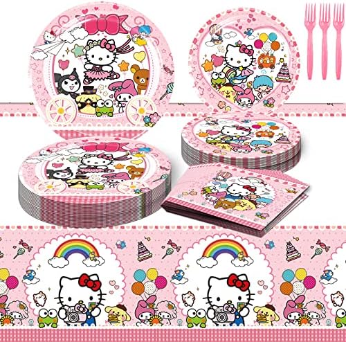 Lenglet 51 kom Hello Kitty dekoracije za zabave, Kitty set posuđa za rođendansku zabavu, Kawaii Sanro stolnjak za tematsku zabavu, tanjiri za deserte, salvete, viljuške, za Kawaii Kitty rođendansku zabavu
