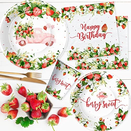 Xigejob Strawberry Birthday Party Supplies - Strawberry Party Decorations posuđe za 1. 2. 3. rođendan, tanjir, šolja, salveta, tanjiri