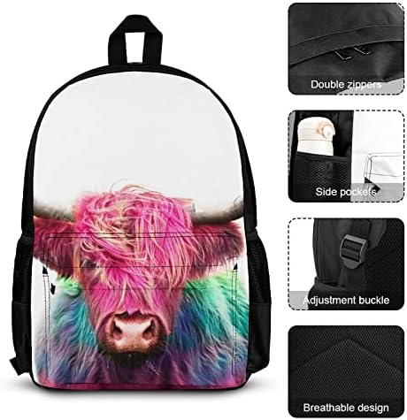 DamTma Funny Punk Highland Cow ruksak 3 komada torba za knjige i kutija za ručak set laptop za divlje životinje ruksak za Laptop sa prednjim džepom, mrežasti bočni džepovi kutija za ručak i Set pernica za žene