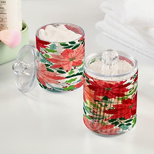 ALAZA 2 PACK QTIP Držač Dispenser Božićna ružičasta i crvena Poinsettia Holly Compaters Organiser Organizator za pamučne kuglice / bris / jastučići / konac, plastične apoteke za ispraznost