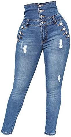 Andongnywell ženske Casual visoke struka Ripped Skinny farmerke visokog struka Multi kopča Distressed Denim pantalone pantalone