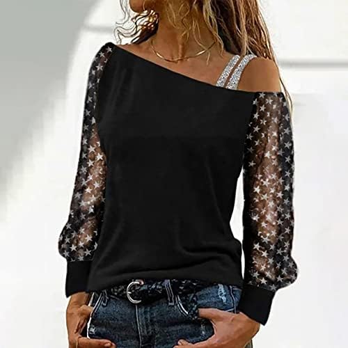 Majice za jednu rame za žene čiste mrežice Ležerne prilike s dugim rukavima Glitter Star uzorak pulover Tee majica bluza