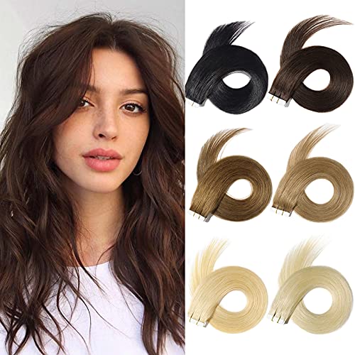 Yamel Remy Tape In Hair Extensions Real Human Hair Extensions Tape In Natural Black 20 Inch 20pcs Tape In Human Hair Extensions for Women
