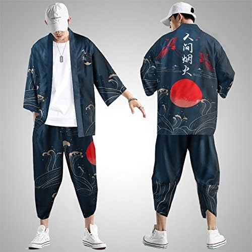 Xilorok japanski stil kimono vrhovi hlače za muškarce lagane sedam rukava od tiskanih muških muških otvora otvorenog kardigana i šorc