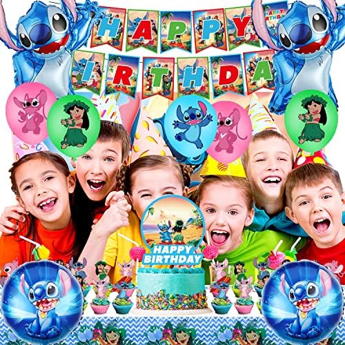Lilo i Stitch potrepštine za rođendanske zabave, ukrasi za rođendanske zabave uključujući rođendanske banere, balone od folije, balone od lateksa, Topere za torte, pozadinu i stolnjak za dekoracije za Lilo i Stitch tematske zabave
